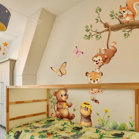 Cartoon Dschungeltiere Wandsticker PVC Selbstklebend Affe Bär Ast Für Kinderzimmer Babyzimmer Schlafzimmer DIY Haus Deko