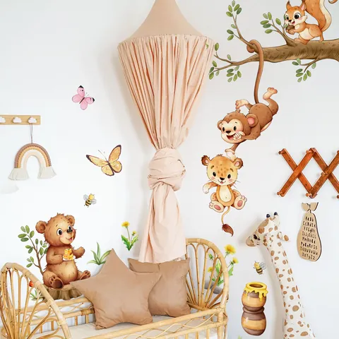 Cartoon Dschungeltiere Wandsticker PVC Selbstklebend Affe Bär Ast Für Kinderzimmer Babyzimmer Schlafzimmer DIY Haus Deko