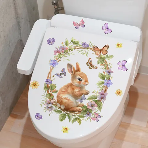Cute Cartoon Rabbit Flower Wreath Butterfly Toilet Seat Sticker Removable PVC Self Adhesive Home Decor Wall Decal For Bathroom