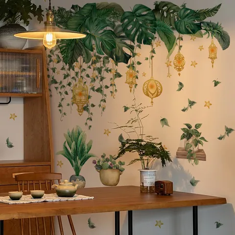 Tropische Pflanzen Wandaufkleber Monstera Palmenblätter Goldene Laternen Sterne Abnehmbare Selbstklebende PVC Haus Hintergrund Decals