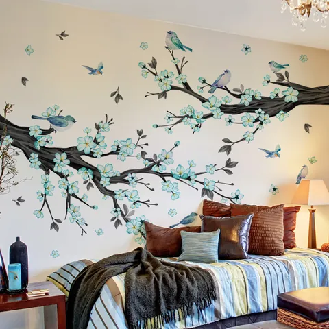 Autocollants Muraux Fleurs Bleues Oiseaux Branche d'Arbre Grands Stickers Muraux PVC Auto-Adhésifs pour Salon Chambre Décoration