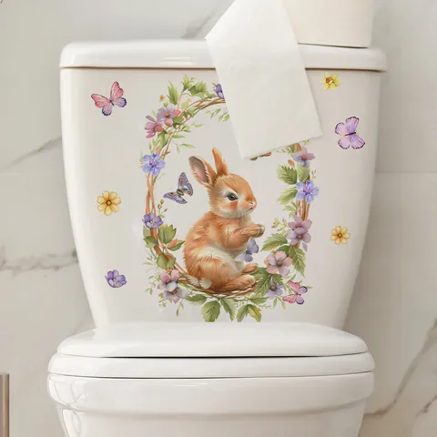 Cute Cartoon Rabbit Flower Wreath Butterfly Toilet Seat Sticker Removable PVC Self Adhesive Home Decor Wall Decal For Bathroom