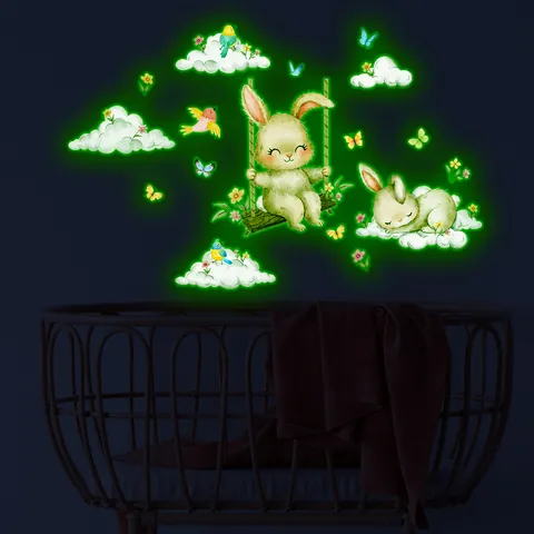 Leuchtende Hasen Wandtattoo Cartoon Tiere Wolken Schmetterlinge Fluoreszierende Wandaufkleber Für Kinderzimmer Babyzimmer Deko