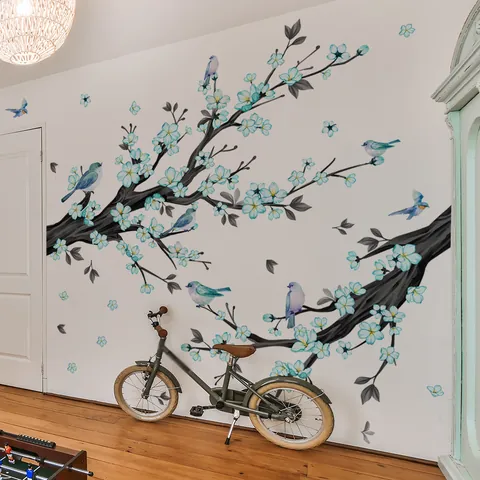 Autocollants Muraux Fleurs Bleues Oiseaux Branche d'Arbre Grands Stickers Muraux PVC Auto-Adhésifs pour Salon Chambre Décoration