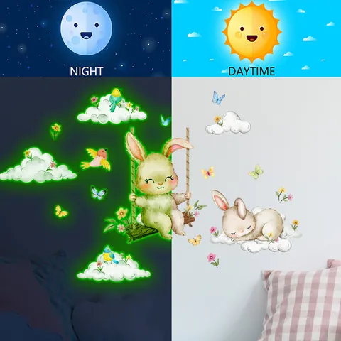 Leuchtende Hasen Wandtattoo Cartoon Tiere Wolken Schmetterlinge Fluoreszierende Wandaufkleber Für Kinderzimmer Babyzimmer Deko