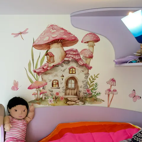 Watercolor Cartoon Mushroom House Fairy Wall Stickers Waterproof Removable PVC Wall Decals For Kids Room Nursery Home Decor