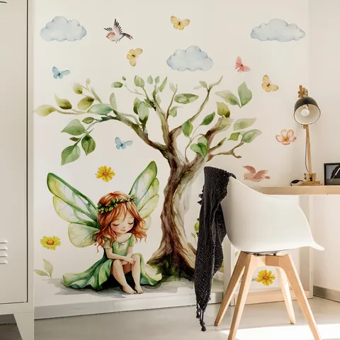 Removable Watercolor Fairy Tree Butterfly Wall Stickers For Kids Room PVC Cartoon Fairy Tale DIY Mural Home Decor