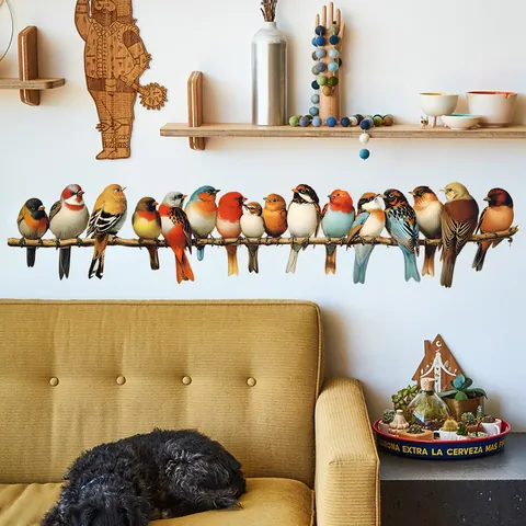Realistic Colorful Birds On Tree Branch Wall Sticker Removable PVC Self Adhesive Nature Wall Decal For Living Room Bedroom Decor