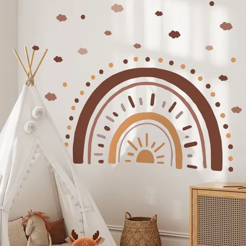 Pegatinas De Pared Boho Arco Iris Nubes PVC Calcomanías Removibles Para Dormitorio Infantil Tonos Tierra Sol Lunares Fondo Papel Pintado