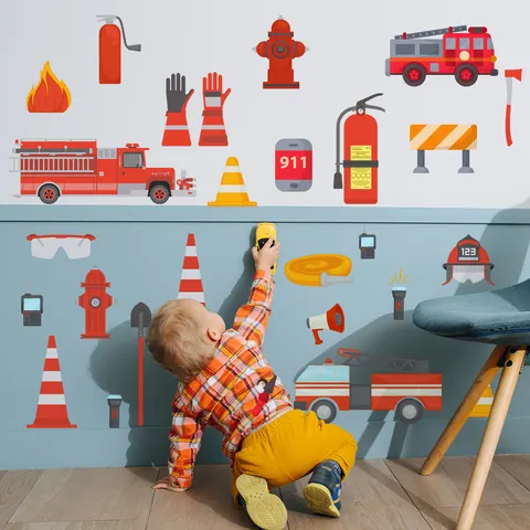 Cartoon Fire Truck Wall Sticker For Kids Room Fire Engine Extinguisher PVC Decorative Wall Decals Nursery Background Art Mural