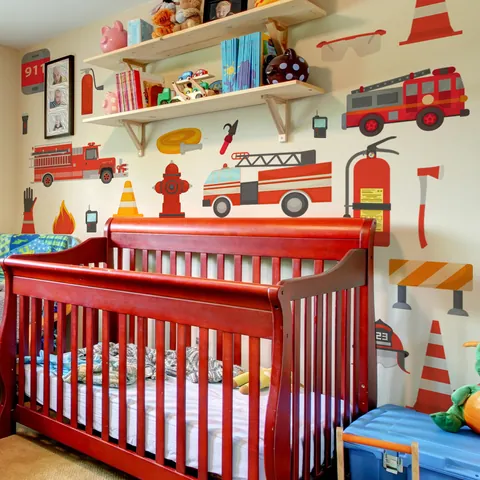 Cartoon Fire Truck Wall Sticker For Kids Room Fire Engine Extinguisher PVC Decorative Wall Decals Nursery Background Art Mural