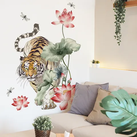 Chinese Style PVC Wall Sticker Realistic Tiger Leopard Lotus Dragonfly Pattern Self-Adhesive Mural For Home Living Room Decor