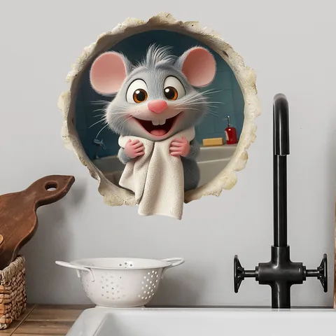 Creative 3D Visual Effect Cartoon Mouse Rabbit Wall Stickers Self Adhesive PVC Broken Wall Hole Decals For Nursery Bedroom Decor