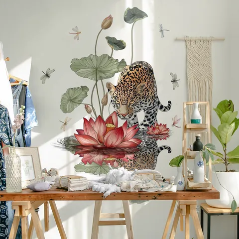 Chinese Style PVC Wall Sticker Realistic Tiger Leopard Lotus Dragonfly Pattern Self-Adhesive Mural For Home Living Room Decor