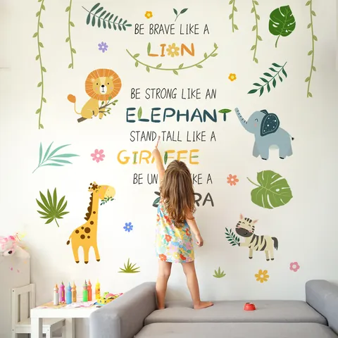 Pegatina de Pared Animales Dibujos Animados Flores Frases Inglesas Inspiradoras para Decoración Dormitorio Infantil PVC