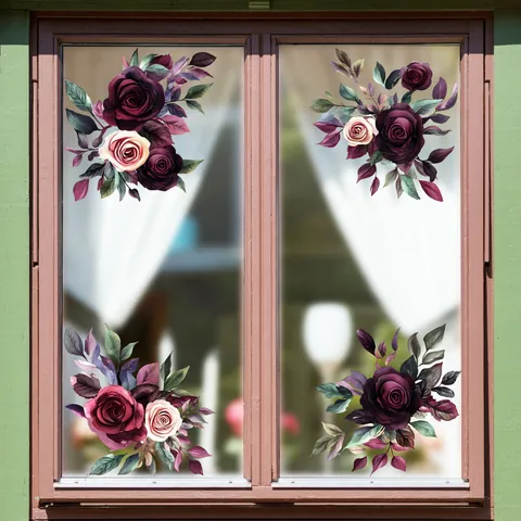 Vintage Floral Static Cling Window Sticker Double Sided PVC Removable Glass Decal For Home Kitchen Bathroom Decor