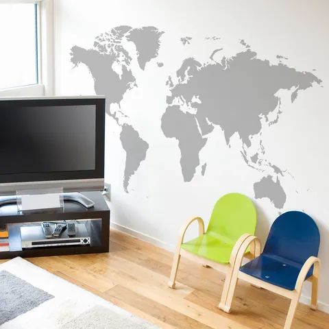 World Map Wall Sticker Grey PVC Self Adhesive Geographic Silhouette Decal For Living Room Bedroom Office Home Wall Decor