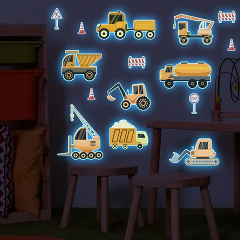 Cartoon Engineering Vehicle Luminous Wall Stickers Glow In The Dark PVC Excavator Truck Wall Decals For Kids Room Decor