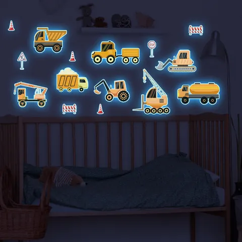 Cartoon Engineering Vehicle Luminous Wall Stickers Glow In The Dark PVC Excavator Truck Wall Decals For Kids Room Decor