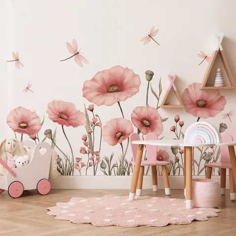 Pegatinas de Pared de Amapola Rosa en Acuarela y Libélula de PVC Removibles Calcomanías de Pared Florales Dibujadas a Mano Arte