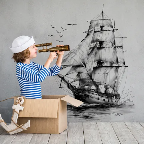 Adesivo Murale Barca a Vela Gabbiani in PVC Schizzo Bianco Nero Autoadesivo Murale Nautico per Cameretta Bambini Casa