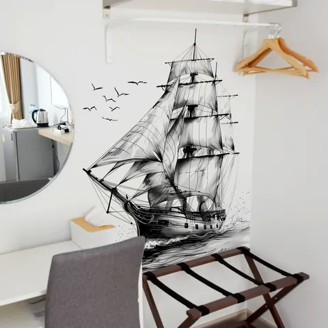Adesivo Murale Barca a Vela Gabbiani in PVC Schizzo Bianco Nero Autoadesivo Murale Nautico per Cameretta Bambini Casa