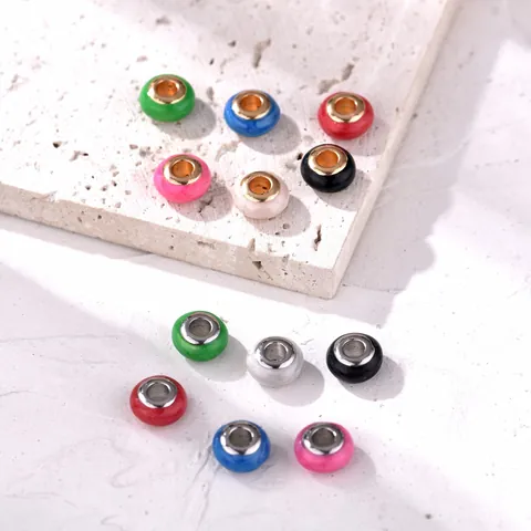 Alloy Enamel Large Hole Beads With Threaded Metal Core Marble Pattern DIY Spacer Beads For Bracelet Jewelry Making Charm