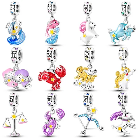 Alloy Enamel 12 Zodiac Constellation Charm Beads For DIY Bracelet Necklace Colorful Star Dangle Charm Jewelry Making Women Gift