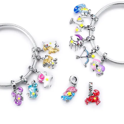 Alloy Enamel 12 Zodiac Constellation Charm Beads For DIY Bracelet Necklace Colorful Star Dangle Charm Jewelry Making Women Gift