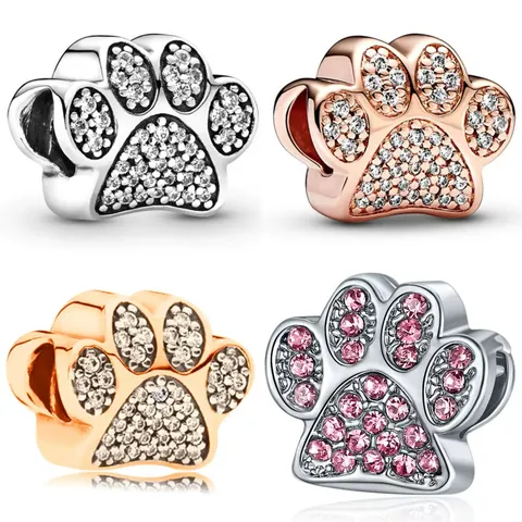 Alloy Zircon Animal Paw Print Charm Bead For DIY Jewelry Making Cute Dog Cat Footprint Large Hole Pave Spacer Beads Women Gift