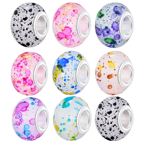 Alloy Glass Large Hole Beads Ink Painting Splatter Charm Beads For DIY Bracelet Necklace Jewelry Making Accessory Women