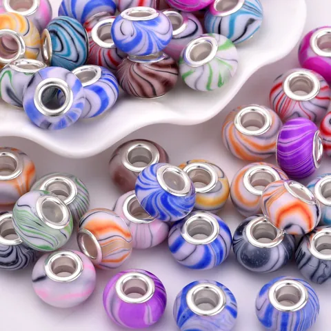 Large Hole Marble Resin Beads With Silver Metal Core Colorful Swirl Loose Beads For DIY Pandora Style Jewelry Making