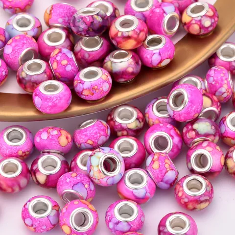 Resin Marble Pattern Large Hole Beads With Alloy Core DIY European Style Beads For Bracelet Necklace Jewelry Making Craft Women Gift