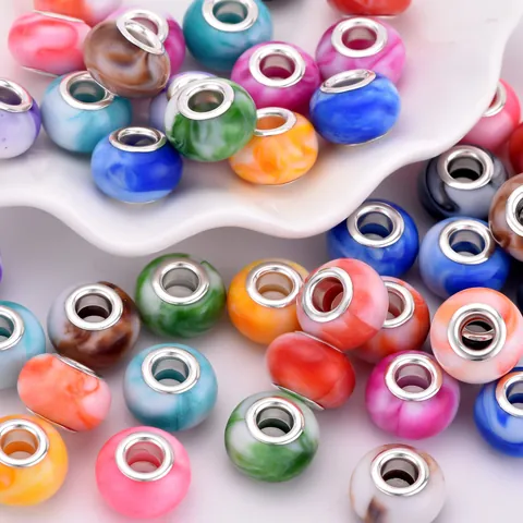 Resin Marbled Large Hole Beads With Alloy Metal Core For DIY Bracelet Necklace Making Jewelry Finding Charms Cloud Pattern Loose Beads