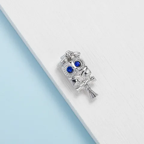 Silver Graduation Owl Charm Bead Blue Eyes Graduation Cap DIY Alloy Jewelry Accessories For Bracelet Necklace Making Women Gift