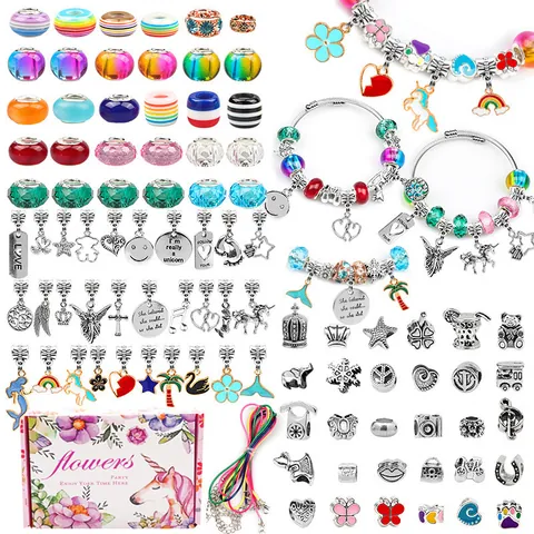 DIY Jewelry Bracelet Making Kit For Girls Unicorn Rainbow Alloy Charms Colorful Glass Beads Snake Chain Bracelets Jewelry Set