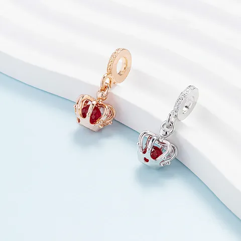 Alloy Crown Charm Bead Red Zirconia Heart Drip Oil Hollow Design For DIY Bracelet Jewelry Accessories Women Gift