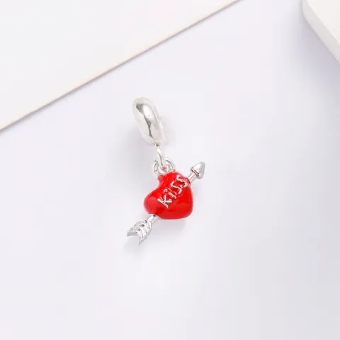 Red Enamel Heart Charm With Cupid's Arrow KISS Letter Alloy DIY Bracelet Bead For Women Romantic Jewelry Making Gift