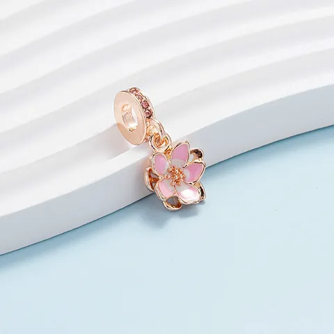 Elegant Rose Gold Alloy Enamel Flower Charms Pink Daisy Sakura Pendants With Zirconia For DIY Bracelet Necklace Making