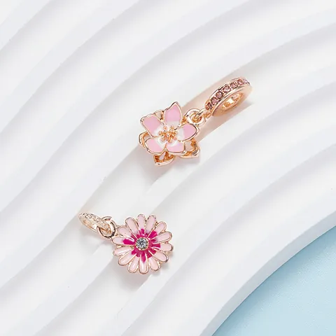 Elegant Rose Gold Alloy Enamel Flower Charms Pink Daisy Sakura Pendants With Zirconia For DIY Bracelet Necklace Making