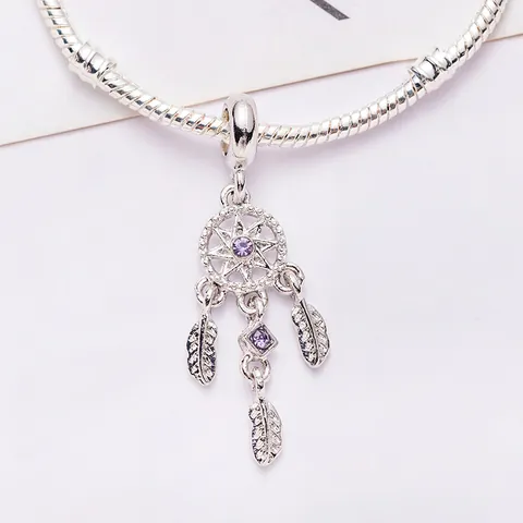 Alloy Dreamcatcher Charm Bead Purple Zirconia Inlaid Feather Pendant For DIY Bracelet Necklace Making Women Jewelry Accessory