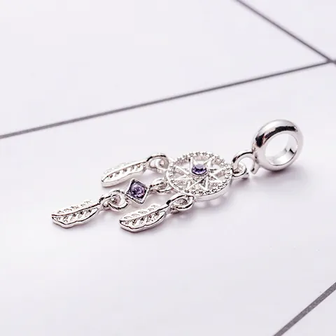 Alloy Dreamcatcher Charm Bead Purple Zirconia Inlaid Feather Pendant For DIY Bracelet Necklace Making Women Jewelry Accessory
