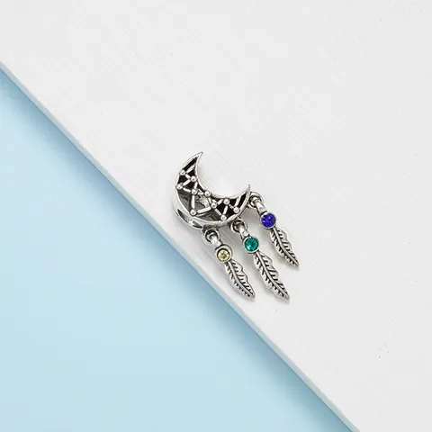 Bohemian Alloy Antique Silver Moon Dreamcatcher Feather Charm Bead With Rhinestones For DIY Bracelet Necklace Jewelry Making