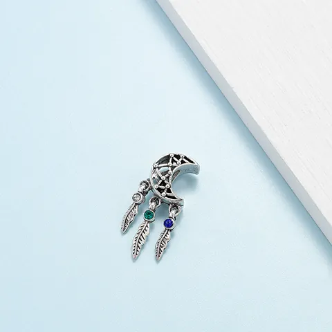 Bohemian Alloy Antique Silver Moon Dreamcatcher Feather Charm Bead With Rhinestones For DIY Bracelet Necklace Jewelry Making