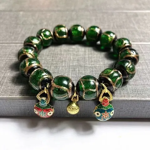 Vintage Ethnic Glass Beaded Bracelet Gold Foil Glaze Beads With Enamel Pendants Gourd Bell Lucky Bag Jewelry For Women Gift