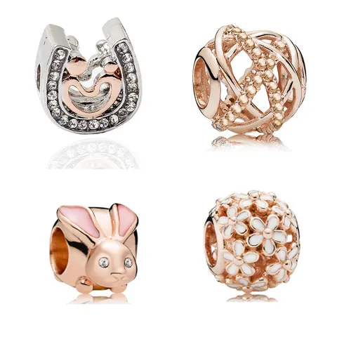 Alloy Zirconia Heart Horseshoe Rabbit Flower Charms For DIY Bracelet Making Rose Gold Hollow Jewelry Pendants