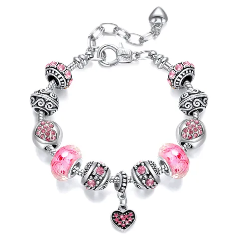 Romantic Heart Charm Bracelet Silver Plated Alloy Colorful Beads Austrian Crystal Snake Chain For Women Jewelry Gift