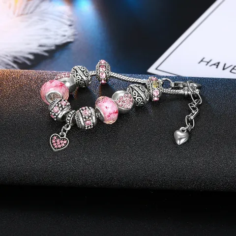 Romantic Heart Charm Bracelet Silver Plated Alloy Colorful Beads Austrian Crystal Snake Chain For Women Jewelry Gift