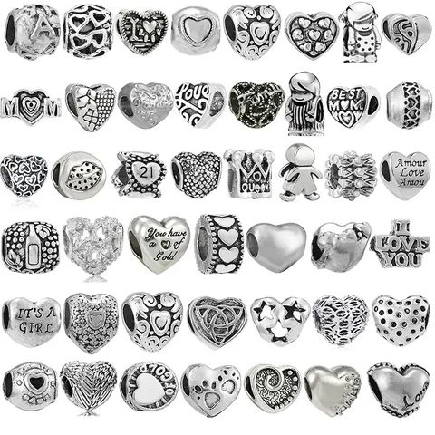 Vintage Alloy Antique Silver Heart Charm Beads For DIY Bracelet Necklace Making Hollow Relief Mom Family Pendant Jewelry Accessories