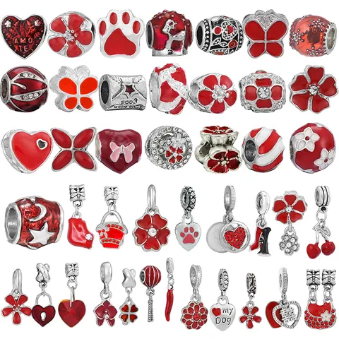 Red Enamel Heart Flower Cat Claw DIY Charms Alloy Zirconia Beads For Bracelet Necklace Women Jewelry Making Accessories